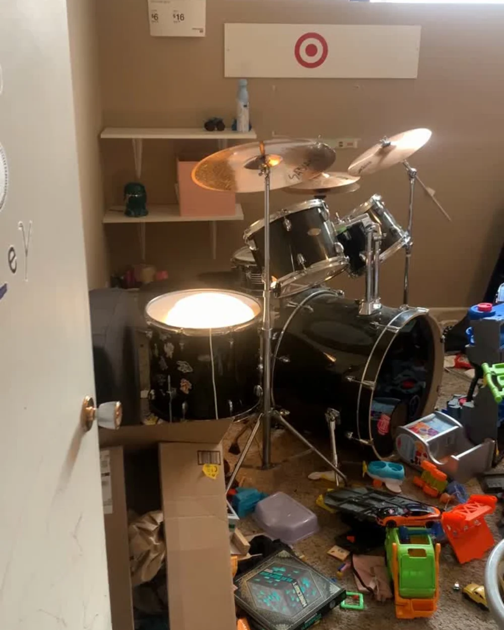 Drum set before organizing