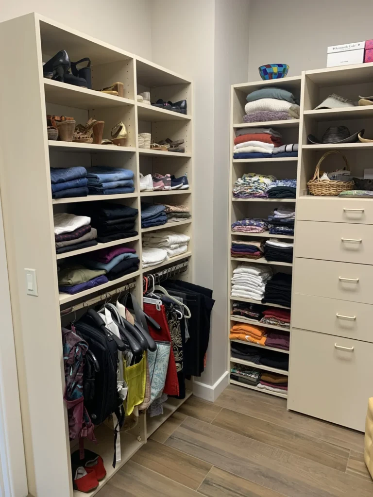 Walk-in closet with shoes and folded clothes on built-in shelves