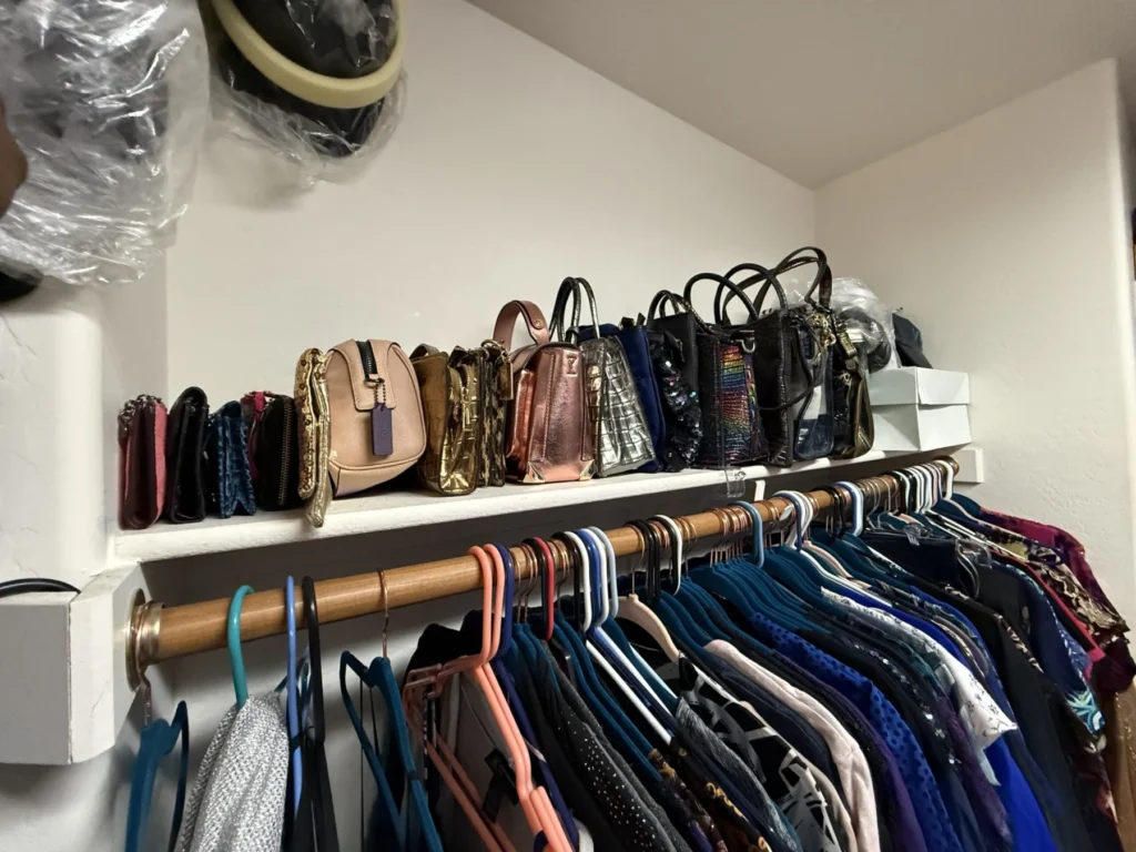 Handbags lined up on a shelf above hanging shirts