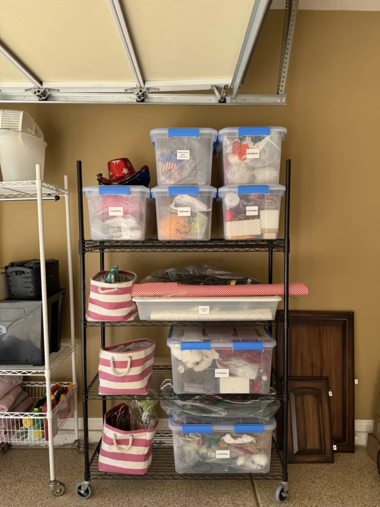 Clear storage bins stacked on a rolling metal rack in a garage