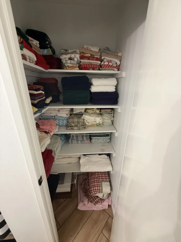 Reach-in closet with folded linens on wire shelves