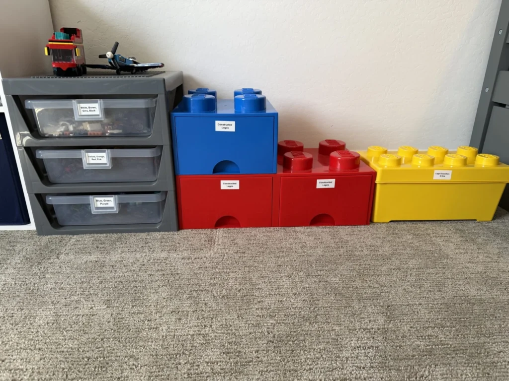 Toy storage with gray drawers and large building-block bins