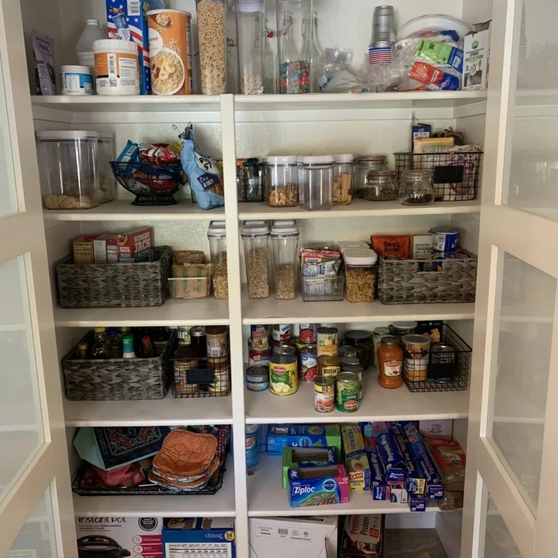 Pantry shelves with food sorted into bins by category